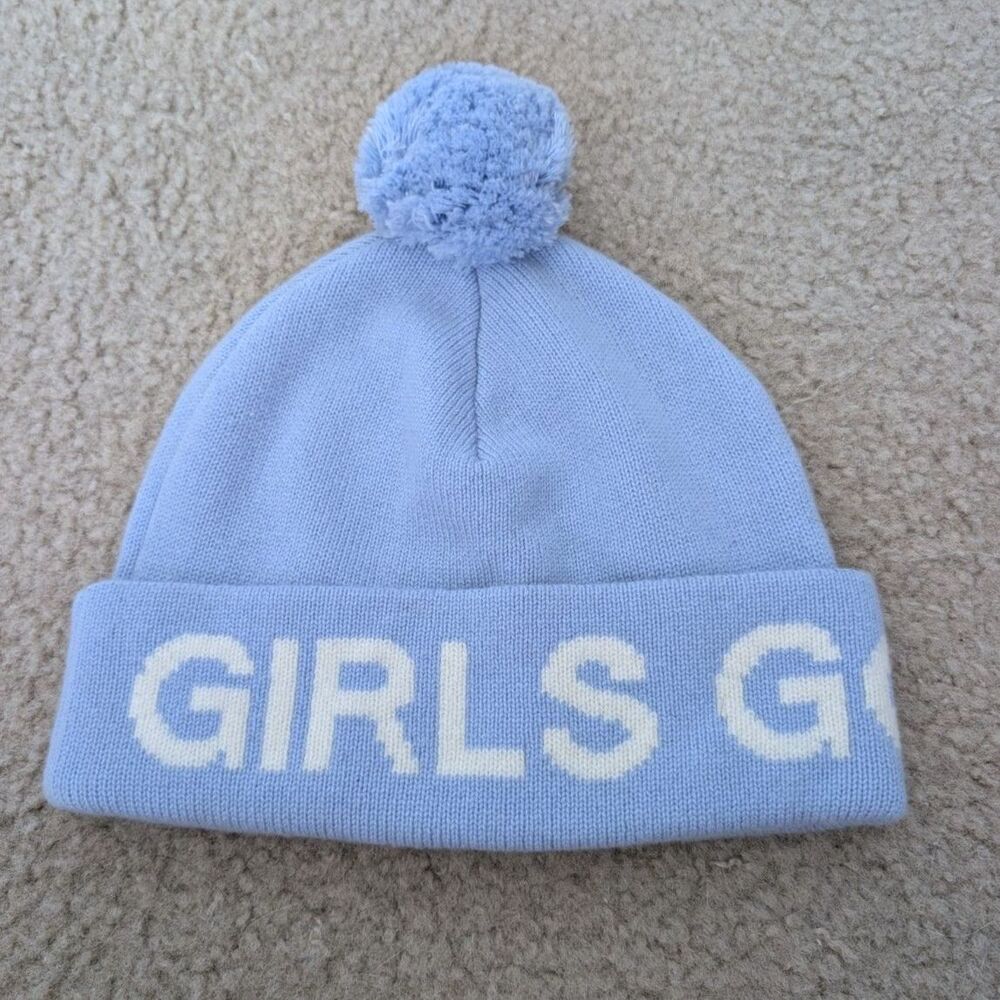 EUC G/FORE Cashmere Wool Blend Foldover Puff Beanie OS Light Blue Girls Golf Too